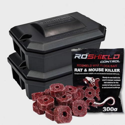 Roshield External Tamper Proof Rodent Bait Box & Wax Block Rat Poison KitGarden & Home Treatment Killer Safety (2 Boxes & 300 from B&Q