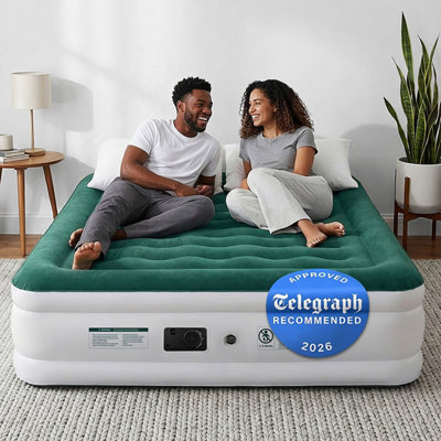 B&Q -  King Size Comfort Plus Air Bed With Built-In Electric PumpInflates Within 2.5 MinsGreen/white
