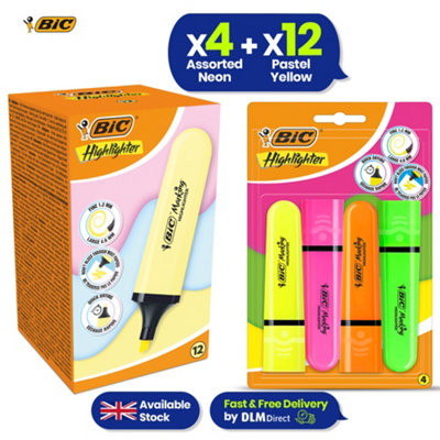 Bic Chisel Tip Neon Highlighters 4X With Pastel Yellow Highlighter Pen 12X from B&Q