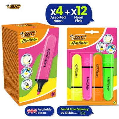 Bic Chisel Tip Neon Highlighters 4X With Pastel Neon Pink Highlighter Pen 12X from B&Q