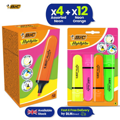Bic Chisel Tip Neon Highlighters 4X With Pastel Neon Orange Highlighter Pen 12X from B&Q