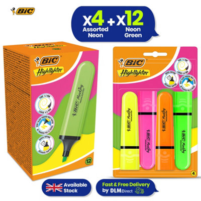 Bic Chisel Tip Neon Highlighters 4X With Pastel Neon Green Highlighter Pen 12X from B&Q