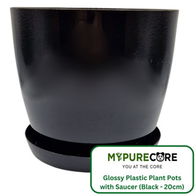 Mypurecore Plant Pots With Saucer Stylish Glossy Plastic Flower Pot Durable Indoor & Outdoor Planter For House Plants (Black 20Cm) from B&Q