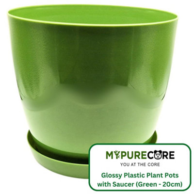Mypurecore Plant Pots With Saucer Stylish Glossy Plastic Flower Pot Durable Indoor & Outdoor Planter For House Plants (Green 20Cm) from B&Q