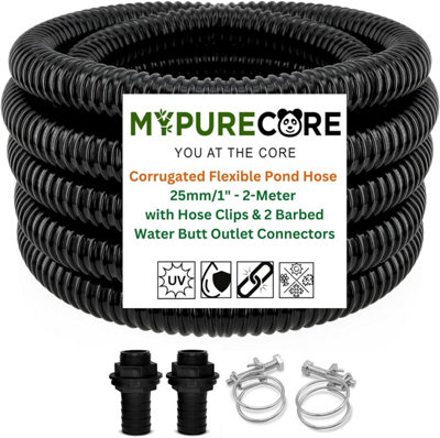 B&Q -  Premium Corrugated Flexible Hose Pond Pipe Set 25mm / 1Inch-  2-Meter With 2 Double-Wired Hose Clips And 2 Heavy Duty Plastic Butt