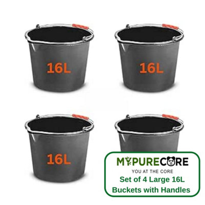 B&Q -  Set Of 4 16L Gallon Black Plastic Bucket With Handles -Sturdy Water Bucket Big Bucket With MeasuringIdeal For Home And Garden