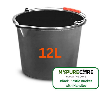 MYPURECORE 12L Black Plastic Bucket With Handles Sturdy Big Water Bucket With Measuring Scale- Ideal For For Builders Car Washes Bathroom Etc from B&Q