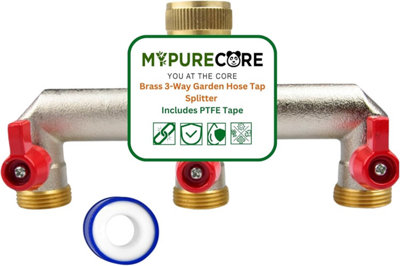 B&Q -  Brass 3-Way Garden Hose Tap Splitter With Ptfe Tape  Durable Three-Quarts" Outdoor Tap Connector With Individual Valves