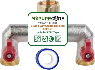 B&Q -  Brass 2-Way Garden Hose Tap Splitter With Ptfe Tape  Durable Three-Quarts" Outdoor Tap Connector With Individual Valves