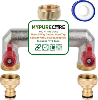 B&Q -  Brass 2-Way Garden Hose Tap Splitter With 2 Faucet Adapters And  Ptfe Tape Durable Three-Quartz Outdoor Tap Connector With Valves