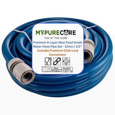 Mypurecore Blue 12mm 1/2" Cold Water Hose PipePremium Food Grade Water Hose With ConnectorsFor CaravanBoat & Garden (15M) from B&Q