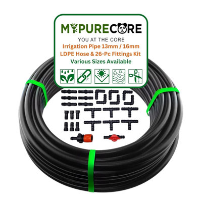 Mypurecore Irrigation Pipe 13mm/16mm Ldpe 25M With 26 Piece Connector Fitting Set from B&Q