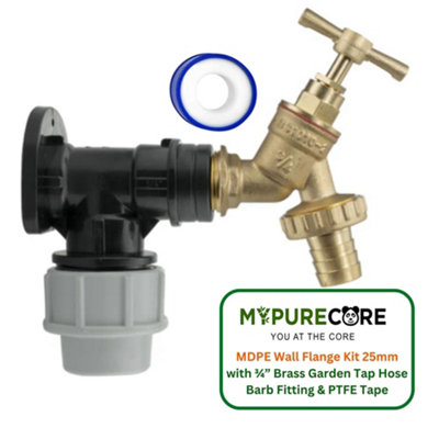 Mypurecore Mdpe Wall Flange Kit 25mm With 3/4 Inch Brass Outdoor Garden Tap With Hose Barb Fitting And Ptfe Tape from B&Q