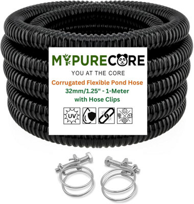 Mypurecore Corrugated Pond Hose Pipe And Clips 32mm/1.25Inch  Flexible Black Pvc Water Tube (1M) from B&Q