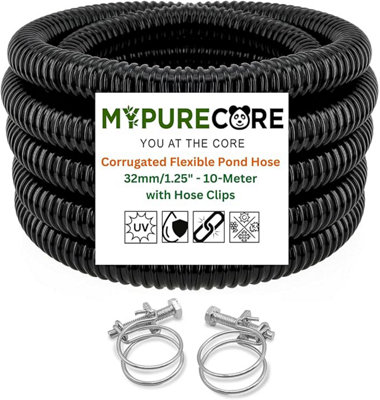 Mypurecore Corrugated Pond Hose Pipe And Clips 32mm/1.25Inch  Flexible Black Pvc Water Tube (10M) from B&Q