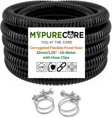 Mypurecore Corrugated Pond Hose Pipe And Clips 32mm/1.25Inch  Flexible Black Pvc Water Tube (20M) from B&Q