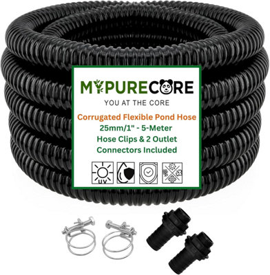 Mypurecore Corrugated Flexible Pond Hose Set 25mm/1Inch With 2 Clips And  2 Connectors (5M) from B&Q