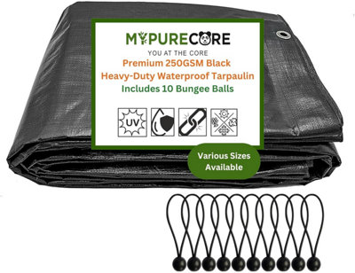Mypurecore Waterproof Tarpaulin Heavy-Duty 250Gsm Black PremiumDurable Plus 10 Bungee Balls (2M X 3M ) from B&Q