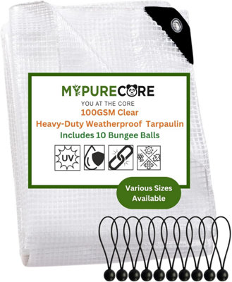 Mypurecore Waterproof Tarpaulin Heavy-Duty 100Gsm Clear Premium Durable Plus10 Bungee Balls (5M X 8M) from B&Q