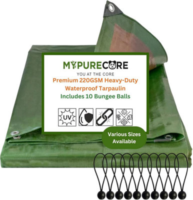 Mypurecore Waterproof Tarpaulin Heavy-Duty 220Gsm Green/brown Tarp With 10 Bungee Balls (8M X 12M) from B&Q