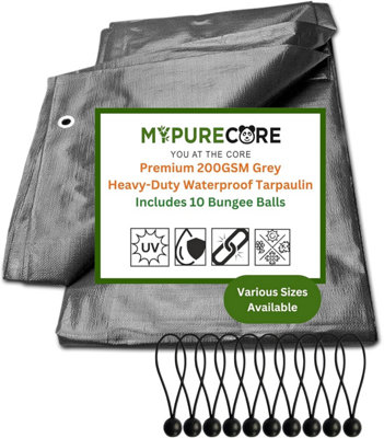 Mypurecore Waterproof Tarpaulin Heavy-Duty 200Gsm Grey Tarp With 10 Bungee Balls (6M X 8M) from B&Q