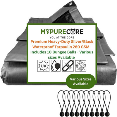 Mypurecore Waterproof Tarpaulin Heavy-Duty 260Gsm Silver/black Tarp With 10 Bungee Balls (3M X 4M) from B&Q