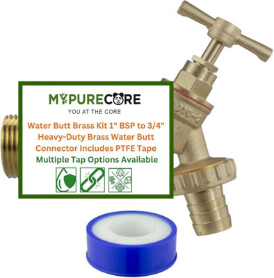 Mypurecore Water Butt Brass Kit 1Inch Bsp To 3/4Inch Tank Connector Plus Ptfe Tape With Tap Options (Connector Plus Brass Bib Tap Barb) from B&Q