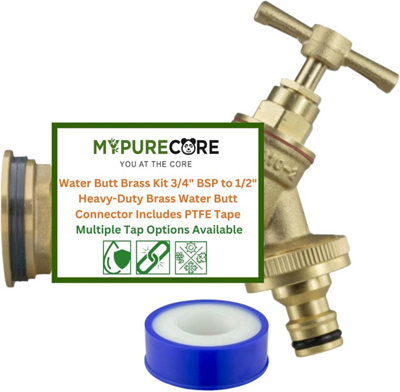 Mypurecore Heavy-Duty Brass Tank Connector Water Butt Brass Kit 3/4Inch  Bsp To 1/2Inch Plus Ptfe Tape (Quick Connect Outlet) from B&Q