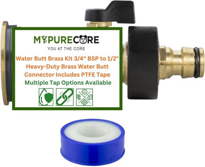 Mypurecore Heavy-Duty Brass Tank Connector Water Butt Brass Kit 3/4Inch  Bsp To 1/2Inch Plus Ptfe Tape (Valve With Quick Connect) from B&Q