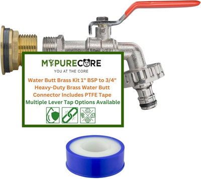 Mypurecore Water Butt Brass Kit 1Inch Bsp To 3/4Inch  Tank Connector Plus Ptfe Tape And  Lever Tap Options (Lever Tap Plus Quick Connector) from B&Q