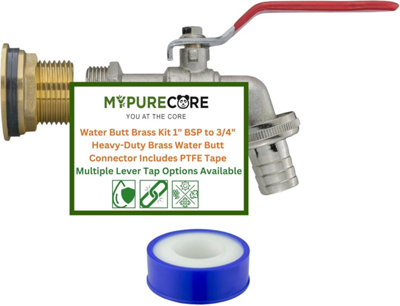Mypurecore Water Butt Brass Kit 1Inch Bsp To 3/4Inch  Tank Connector Plus Ptfe Tape And  Lever Tap Options (Lever Tap Plus Barb) from B&Q