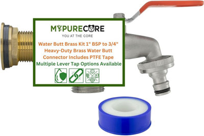 Mypurecore Water Butt Brass Kit 1Inch Bsp To 3/4Inch  Tank Connector Plus Ptfe Tape And  Lever Tap Options (Double Lever Tap) from B&Q