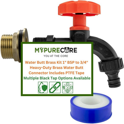 Mypurecore Water Butt Brass Kit 1Inch  Bsp To 3/4Inch  Tank Connector Black Dial Tap Plus  Ptfe Tape  (Dial Tap And Quick-Lock) from B&Q