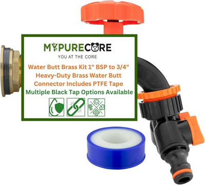 Mypurecore Water Butt Brass Kit 1Inch  Bsp To 3/4Inch  Tank Connector Black Dial Tap Plus  Ptfe Tape  (Dual Tap And Quick-Lock) from B&Q