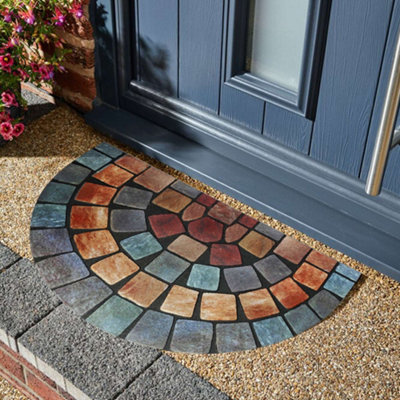 Nicoman Elegant Tile Rubber Halfmoon Doormat 75X44Cm Blue Border from B&Q
