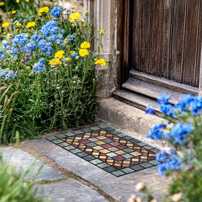 B&Q -  Elegant Tile Rubber Doormat 90X60Cm Blue Border