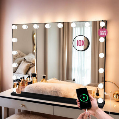 GloBrite Hollywood Vanity Mirror with Lights - 18 LED Bulbs - 3 Lighting Modes, 10x Magnification, Touch Control, USB Charging, Wall/Tabletop, Mirror for Dressing Table, Bathroom or Bedroom - Black - Image 3