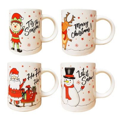Yes-Online 4 Christmas Mugs Cups Santa Elf Reindeer Snowman Festive Novelty Coffee Xmas from B&Q
