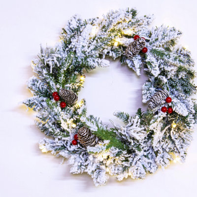 Christmas Tree World The Pre-Lit 60Cm Snowy Alpine Wreath from B&Q