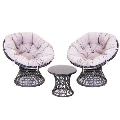 Sh&g Rattan Swivel Chairs & Table Set360 Papasan Moon Chairs And TableGrey Rattan With Grey CushionsIndoor & Outdoor from B&Q