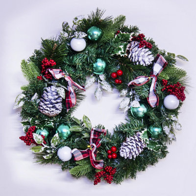 Christmas Tree World 50Cm Decorated Mixed Pine Wreath With Tartan Bows from B&Q