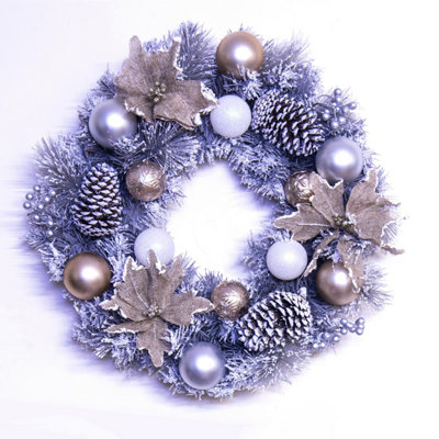 Christmas Tree World 50Cm Decorated Silver Mixed Pine Wreath With Rose Gold Poinsettia from B&Q