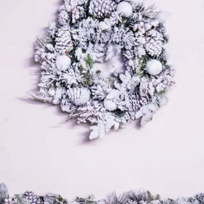 B&Q -  50Cm Frosted Decorated Mixed Pine Wreath With White Baubles