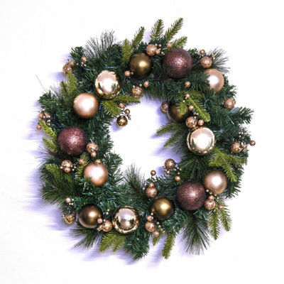 B&Q -  50Cm Decorated Mixed Pine Wreath With Bronze & Copper Baubles
