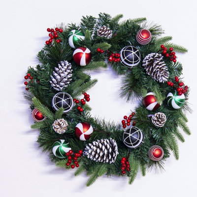Christmas Tree World 50Cm Decorated Mixed Pine Wreath With Red Green & Black Baubles from B&Q