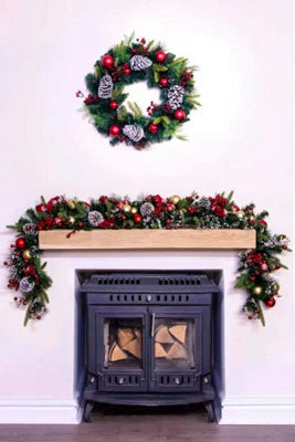Christmas Tree World 180Cm Decorated Mixed Pine Garland With Red & Gold Baubles from B&Q
