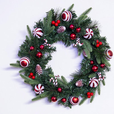 Christmas Tree World 50Cm Decorated Mixed Pine Wreath With Red & White Candy Canes