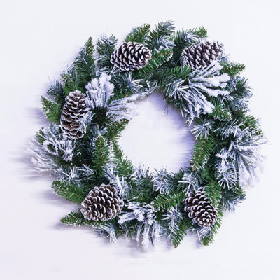 Christmas Tree World 50Cm Flocked Decorated Mixed Pine Wreath With Pine Cones from B&Q