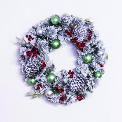 Christmas Tree World 50Cm Flocked Decorated Mixed Pine Wreath With Tartan Bows from B&Q