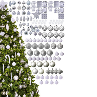 B&Q -  The 196Pc White & Silver Full Heavy Coverage Bauble Set (7Ft/210Cm Trees)